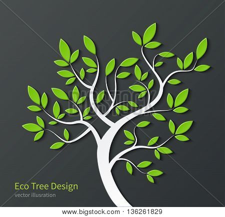 Stylized tree with branches and green leaves isolated on dark background. Ecological concept. Environmental bsckground