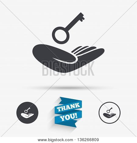 House insurance sign. Hand holds home key symbol. Insurance of property. Flat icons. Buttons with icons. Thank you ribbon. Vector