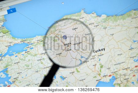 MONTREAL CANADA - JUNE 24 2016 - Ankara on Google Maps app under magnifying glass. Ankara formerly known as Ancyra and Angora is the capital of the Republic of Turkey.