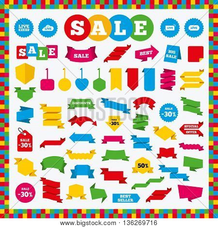 Banners, sale stickers and sale labels. Live music icons. Karaoke or On air stream symbols. Cloud sign. Sale price tags. Vector
