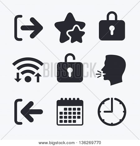 Login and Logout icons. Sign in or Sign out symbols. Lock icon. Wifi internet, favorite stars, calendar and clock. Talking head. Vector