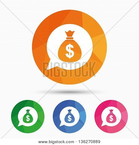 Money bag sign icon. Dollar USD currency speech bubble symbol. Triangular low poly button with flat icon. Vector