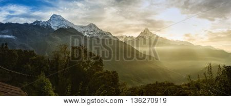 Panoramic view of the himalayan peak the 6993 ms. mount Machhapuchhare-Fish Tail and Annapurna South Nepal.