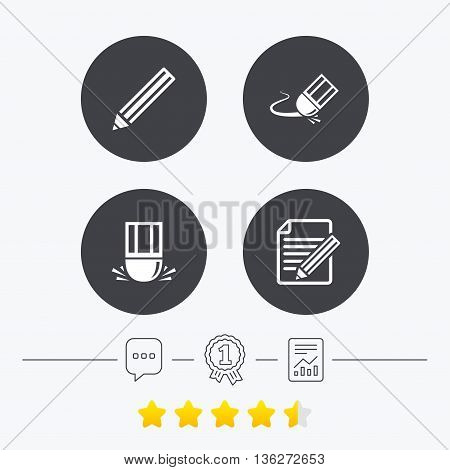 Pencil icon. Edit document file. Eraser sign. Correct drawing symbol. Chat, award medal and report linear icons. Star vote ranking. Vector