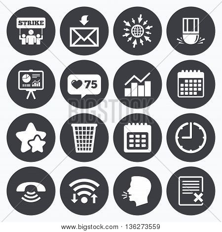 Calendar, wifi and clock symbols. Like counter, stars symbols. Office, documents and business icons. Call, strike and calendar signs. Mail, presentation and charts symbols. Talking head, go to web symbols. Vector