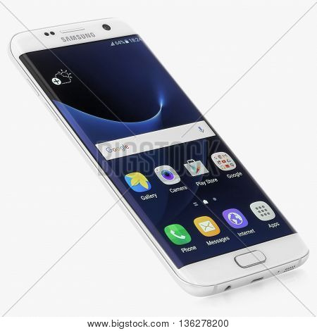 Koszalin, Poland  June 29, 2016: Photo of Samsung Galaxy S7 Edge white pearl. Samsung 7 Edge are new generation smartphone from Samsung. The Samsung S7 Edge is smart phone with multi touch screen