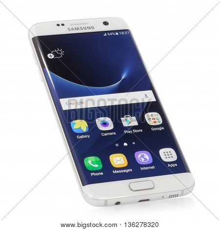Koszalin, Poland  June 29, 2016: Photo of Samsung Galaxy S7 Edge white pearl. Samsung 7 Edge are new generation smartphone from Samsung. The Samsung S7 Edge is smart phone with multi touch screen