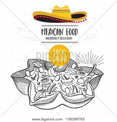 Mexican menu placemat food restaurant menu template design. Vintage creative dinner brochure with hand-drawn graphic. Vector food menu flyer.