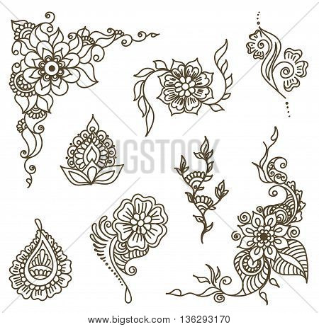 Vector abstract patterns of tattoo henna. Zentangle paisley and flower. Stock mehndi set for design on white background.