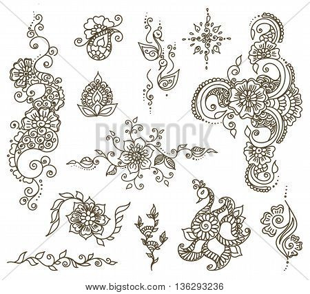Vector abstract patterns of tattoo henna. Zentangle paisley and flower. Stock mehndi set for design on white background.