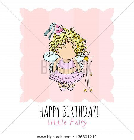 cute vector illustration of a fairy with magic stick. doodle. happy birthday card. romantic girly style. invitation card template