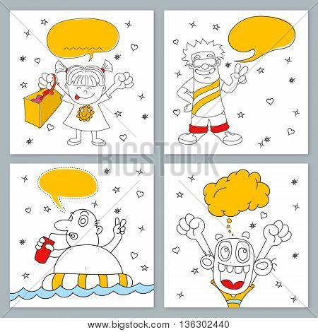 Creative hand-drawn doodle style illustration of four funny characters with blank speech bubbles for your text. Line-art style Greeting Card or nvitation Card set.