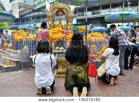 BANGKOK THAILAND-20 JUNE 2016: Erawan Shrine Hindu shrine cityscape view of Ratchaprasong area in Bangkok. It is the main shopping and business street.