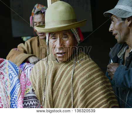 October 22 2012 - Paru Paru Peru: Portrait of a Native Peruvian man wearing typical andean robe Paru Paru indigenous community, Andes Mountains.