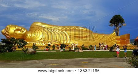Laem Phor Reclining Buddha, close to 99 feet long, on Ko Yo Island near Songkhla, Thailand