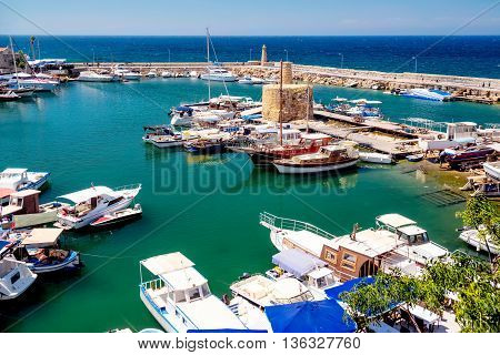 Kyrenia Harbour, high angle view from the castle. Cyprus.