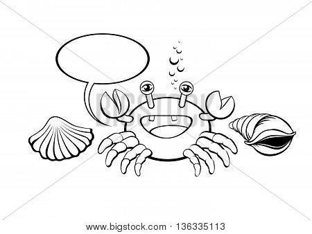 Crab icon and seashell with comic speech bubble. Cute cartoon baby character. Coloring pages vector isolated on white.
