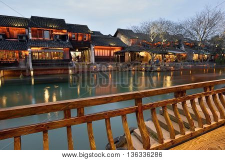 WUZHEN CHINA - MARCH 24: Night scene of Wuzhen on March 24 2016 in Wuzhen China. Wuzhen is a historic scenic town located in northern Zhejiang Province China