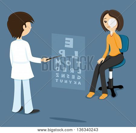Illustration on a blue background oculist checks sight at the woman.