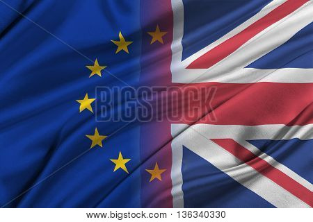 Brexit. 3D illustration of Silky Flags of European Union and United Kingdom.