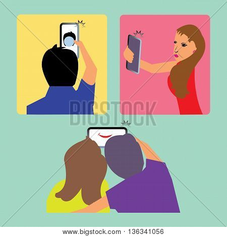 Capturing selfie in cellphone shown in three different situations.