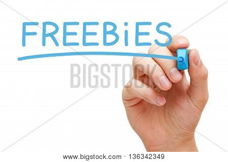 Hand writing Freebies with blue marker on transparent wipe board.