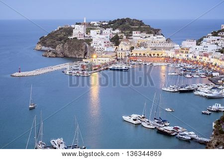 Ponza town harbour captured at blue hour.