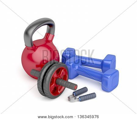 Abdominal toning wheel hand gripper pair of dumbbells and kettlebell on white background, 3D illustration