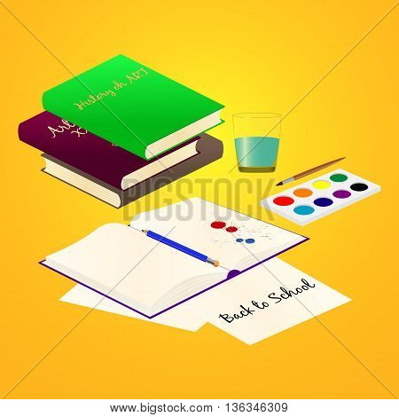 School supplies for Study Art on bright background. Vector illustration.