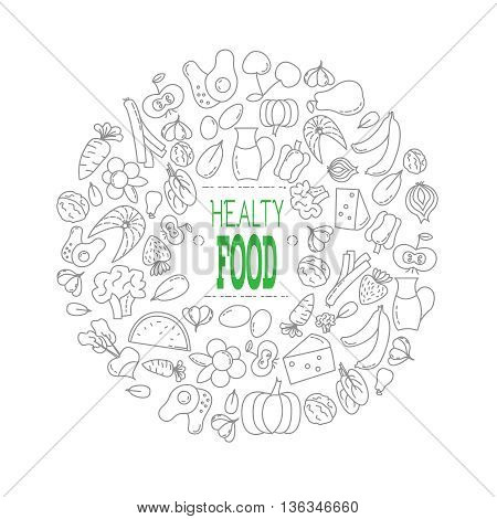 Monochrome composition. Healthy food. Manually sdellanya ilyuyustratsiya. Outlined icons. Healthy eating. Instructions for each