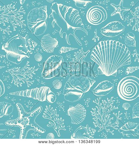Seamless pattern with seashells corals and starfishes. Marine background. Hand drawn vector illustration in sketch style. Perfect for greetings, invitations, manufacture wrapping paper, textile, wedding and web design.