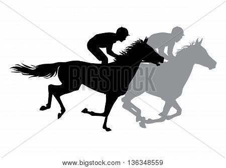 Two jockeys riding horses. Horse races. Competition. Silhouettes on a white background.