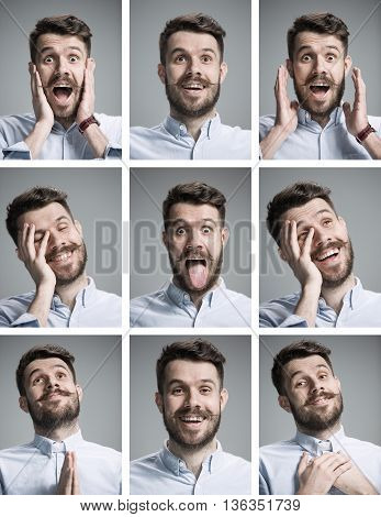 Set of young man's portraits with different emotions on gray background