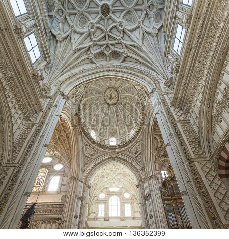 Cordoba - Spain - June 10, 2016 : Cathedral White Ceiling Dome Mezquita Cordoba Spain. Created In 78