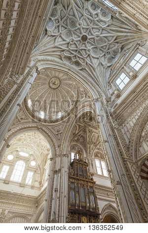 Cordoba - Spain - June 10, 2016 : Cathedral White Ceiling Dome Mezquita Cordoba Spain. Created In 78
