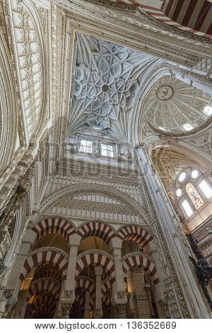 Cordoba - Spain - June 10, 2016 : Cathedral White Ceiling Dome Mezquita Cordoba Spain. Created In 78
