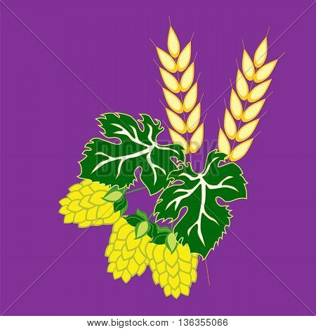 Barley ears and hop cones with leaves. Image in flat style