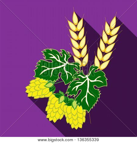 Ears of barley and hop cones with leaves. Image in flat style with long shadow