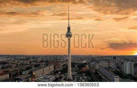 Sunset over the TV Tower in Berlin, Alexanderplatz
