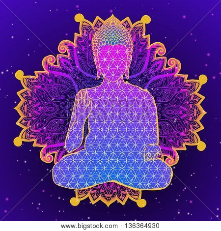 Ornament beautiful card with Buddha. Geometric element hand drawn. Medallion, yoga, india, arabic, lotus Buddha was a sage on whose teachings Set buddha with mandala to color coloring books for adults