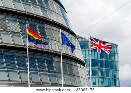 Lgbt Pride Flag, Eu Flag, And Union Jack