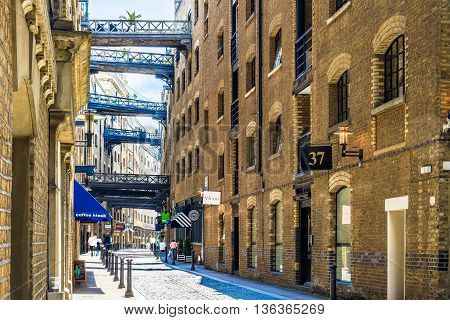 London UK - June 24, 2016 - Street view of Shad Thames a historic riverside street next to Tower Bridge in Bermondsey