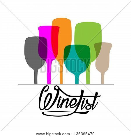 Wine list lettering with different glasses on white background. Vector illustration
