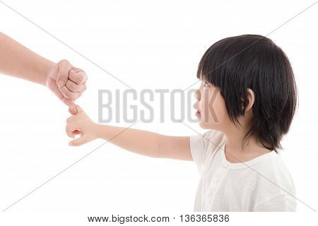 Mother and son making a pinkie promise on white background