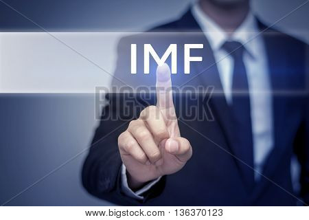 Businessman hand touching IMF button on virtual screen
