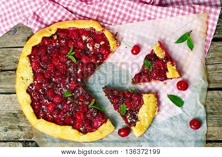 gallet with cherry and chocolate. top view. style rustic. selective focus