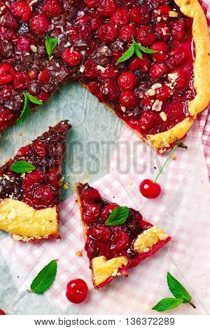 gallet with cherry and chocolate. top view. style rustic. selective focus