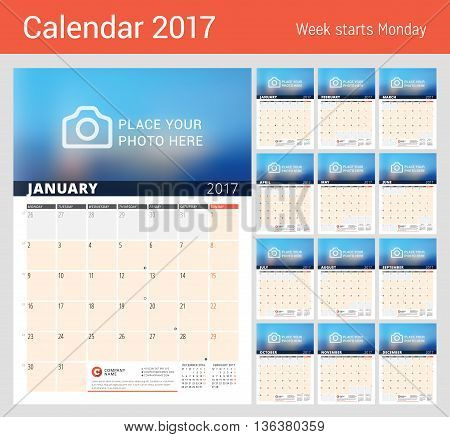 Wall Calendar Planner for 2017 Year. Vector Design Print Template with Place for Photo and Notes. Phases of the Moon. Week Starts Monday. 3 Months on Page. Set of 12 Months