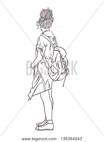 hippie girl with a backpack, bohemian girl, boho style. Illustration for print, clothing design, and web sites. Hippy or hippie philosophy and subculture movement heyday came in the late 1960s -1970s