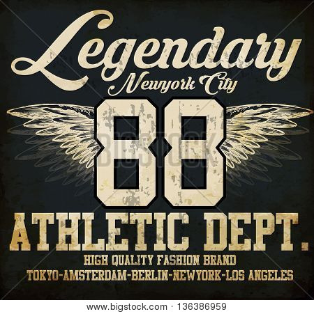 Legendary Athletic Dept. Nyc Varsity Sport vector print and varsity. For t-shirt or other uses in vector.T shirt graphic